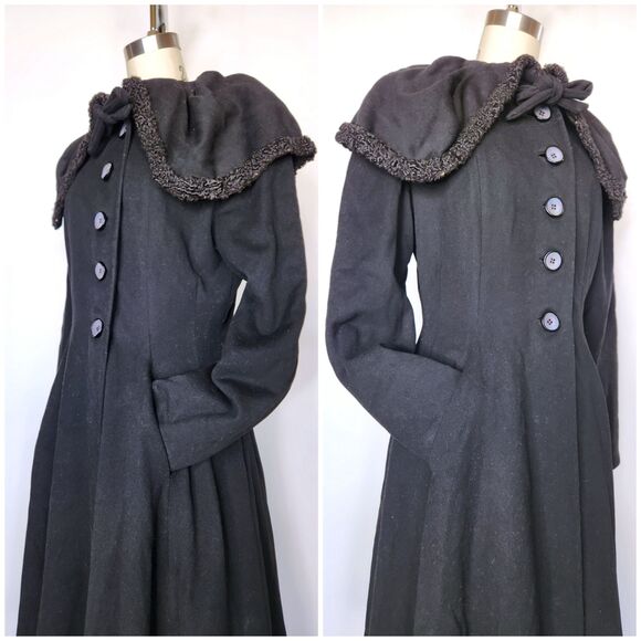 40s 50s Black WOOL Princess Coat w Large Collar Fit and Flare Wasp Waist Coat XS - Picture 3 of 10